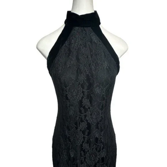 Vintage Moda Spiegel 4 Lace Gown 90s High Neck Black Velvet Y2K Formal Dress - Picture 5 of 12